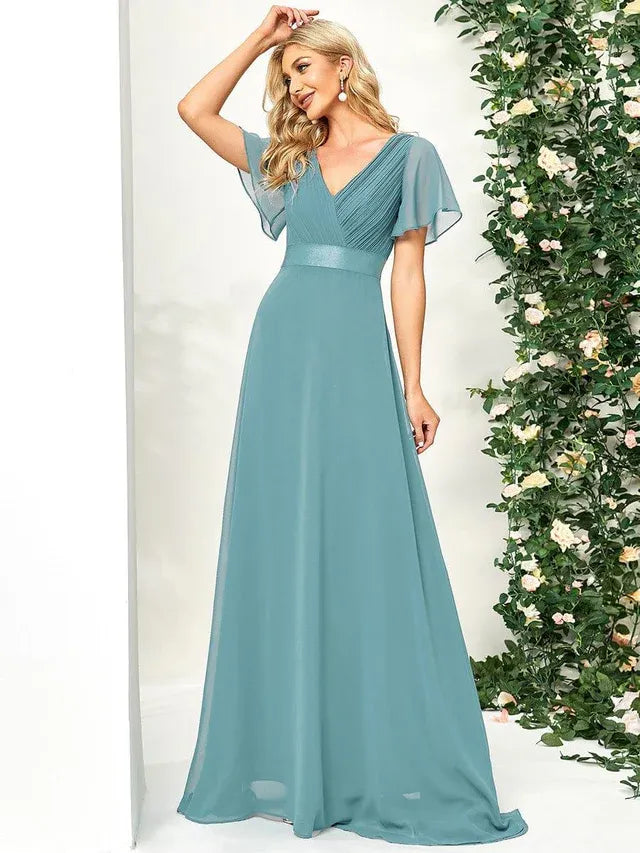 Women's Elegant Flowy Maxi Wedding Guest Dress with Flutter Sleeve
