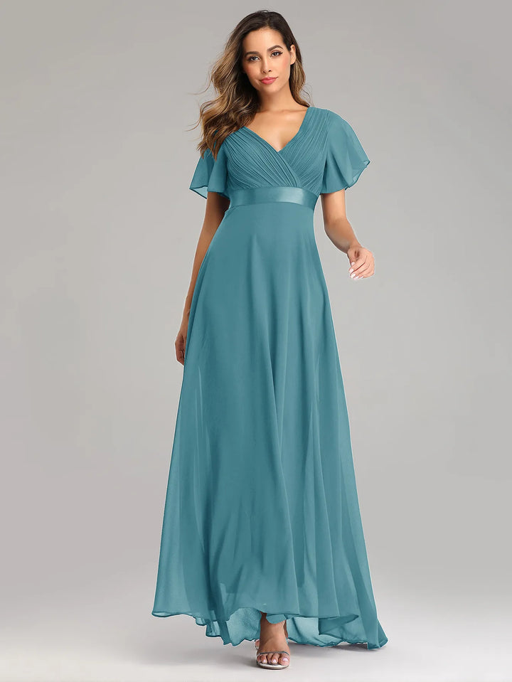 Women's Elegant Flowy Maxi Wedding Guest Dress with Flutter Sleeve