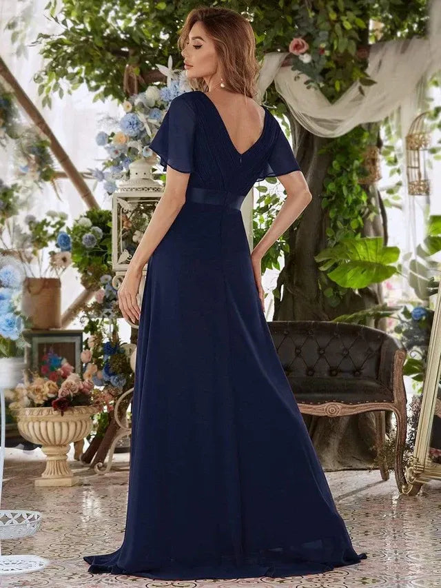Women's Elegant Flowy Maxi Wedding Guest Dress with Flutter Sleeve