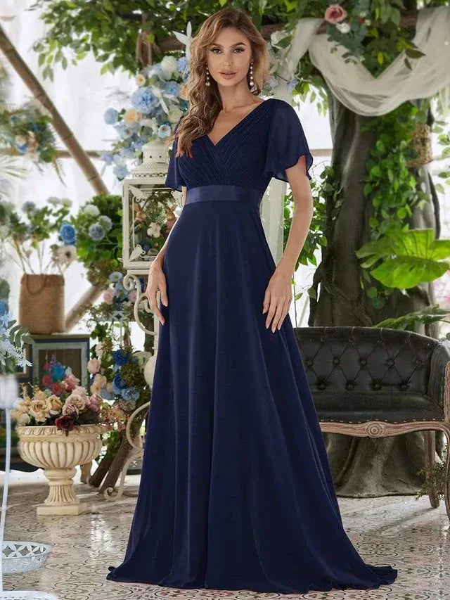 Women's Elegant Flowy Maxi Wedding Guest Dress with Flutter Sleeve