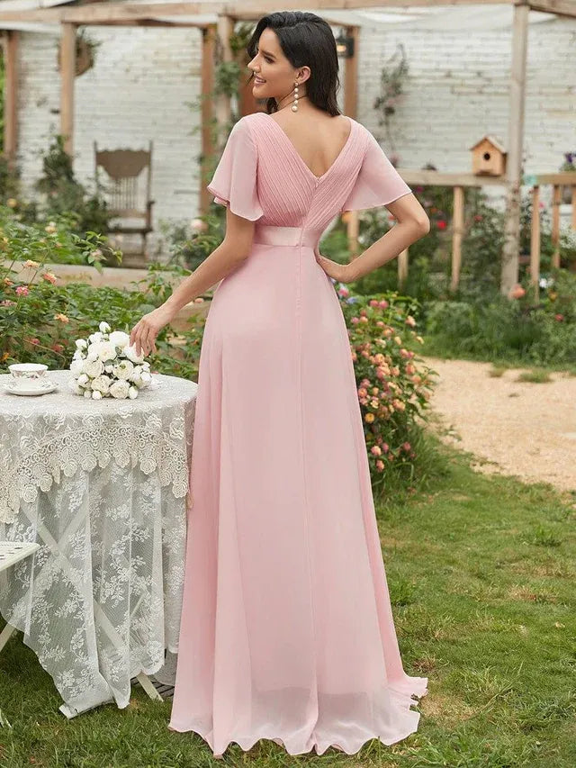 Women's Elegant Flowy Maxi Wedding Guest Dress with Flutter Sleeve