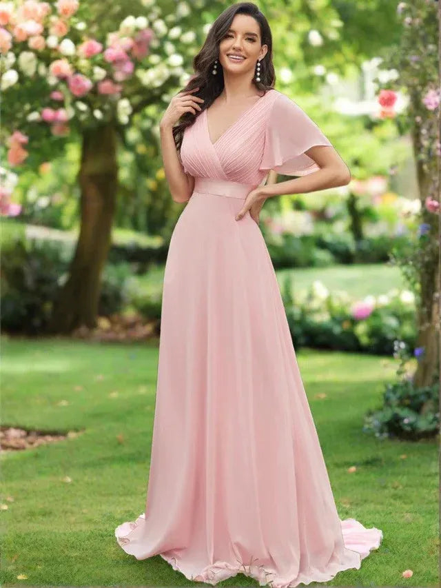 Women's Elegant Flowy Maxi Wedding Guest Dress with Flutter Sleeve