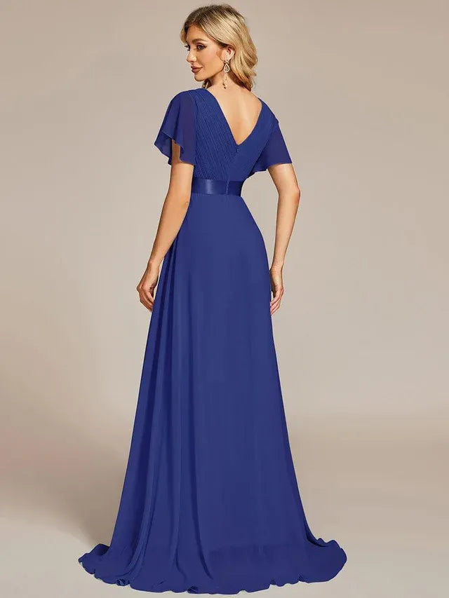 Women's Elegant Flowy Maxi Wedding Guest Dress with Flutter Sleeve