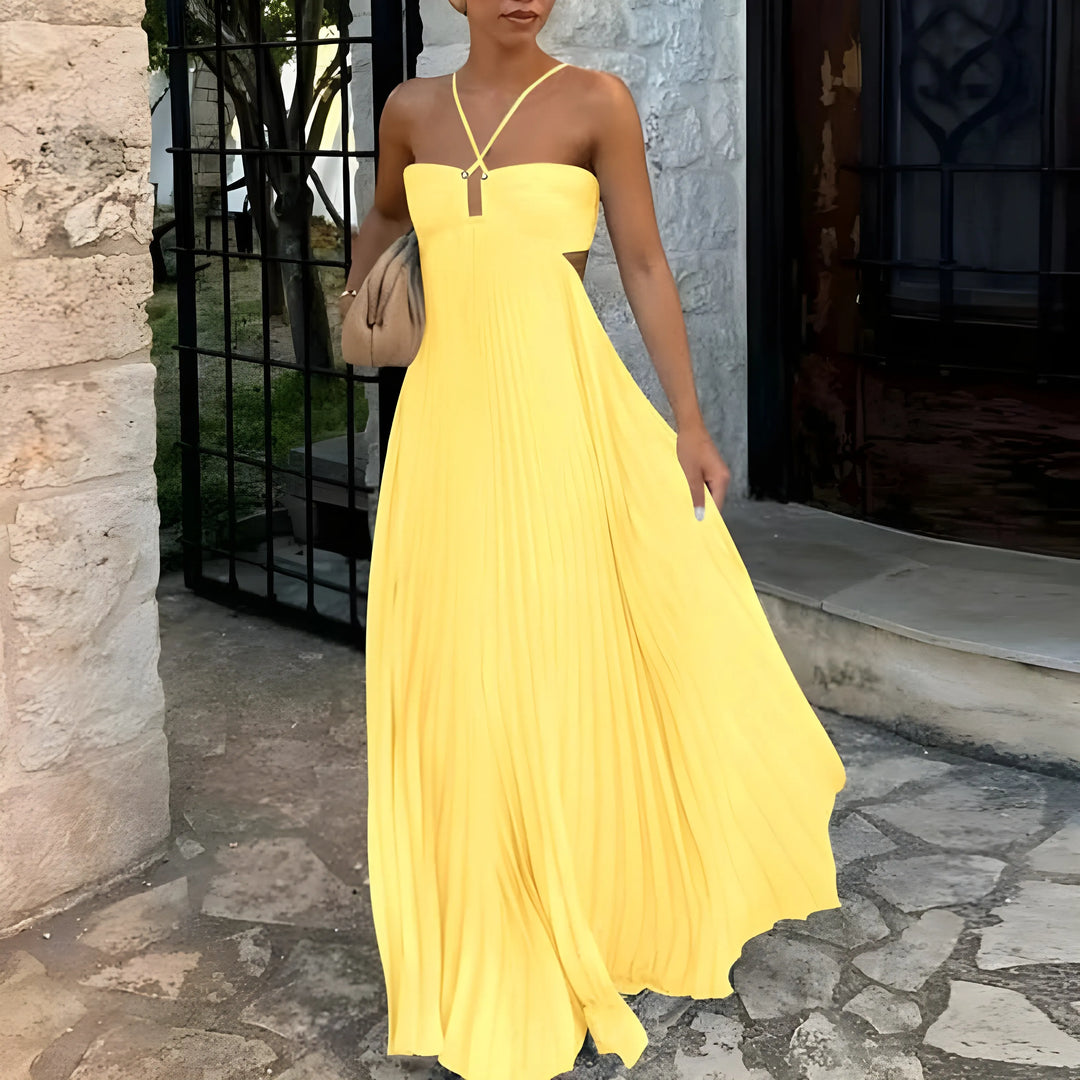 Women's Elegant Flowy Maxi Wedding Guest Dress with Halter Neck
