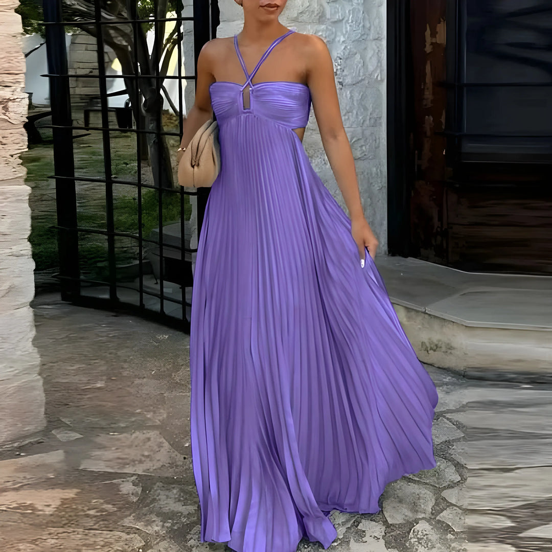 Women's Elegant Flowy Maxi Wedding Guest Dress with Halter Neck