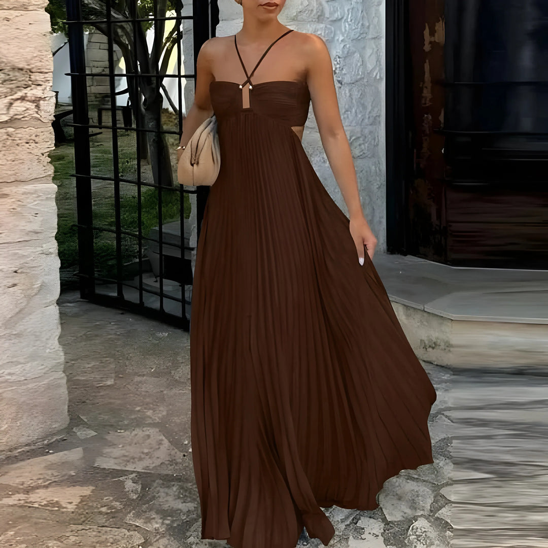 Women's Elegant Flowy Maxi Wedding Guest Dress with Halter Neck
