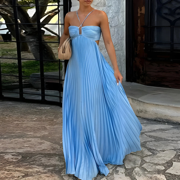 Women's Elegant Flowy Maxi Wedding Guest Dress with Halter Neck