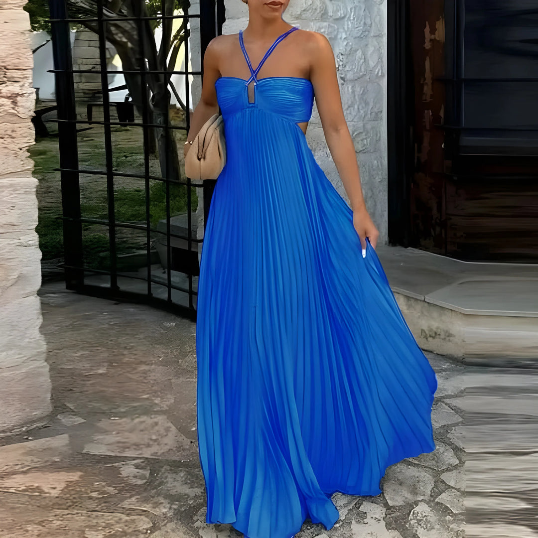 Women's Elegant Flowy Maxi Wedding Guest Dress with Halter Neck