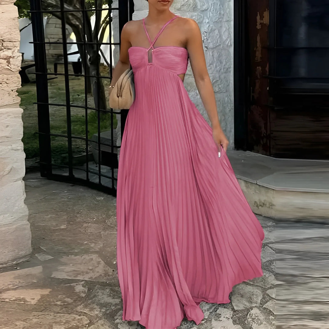 Women's Elegant Flowy Maxi Wedding Guest Dress with Halter Neck