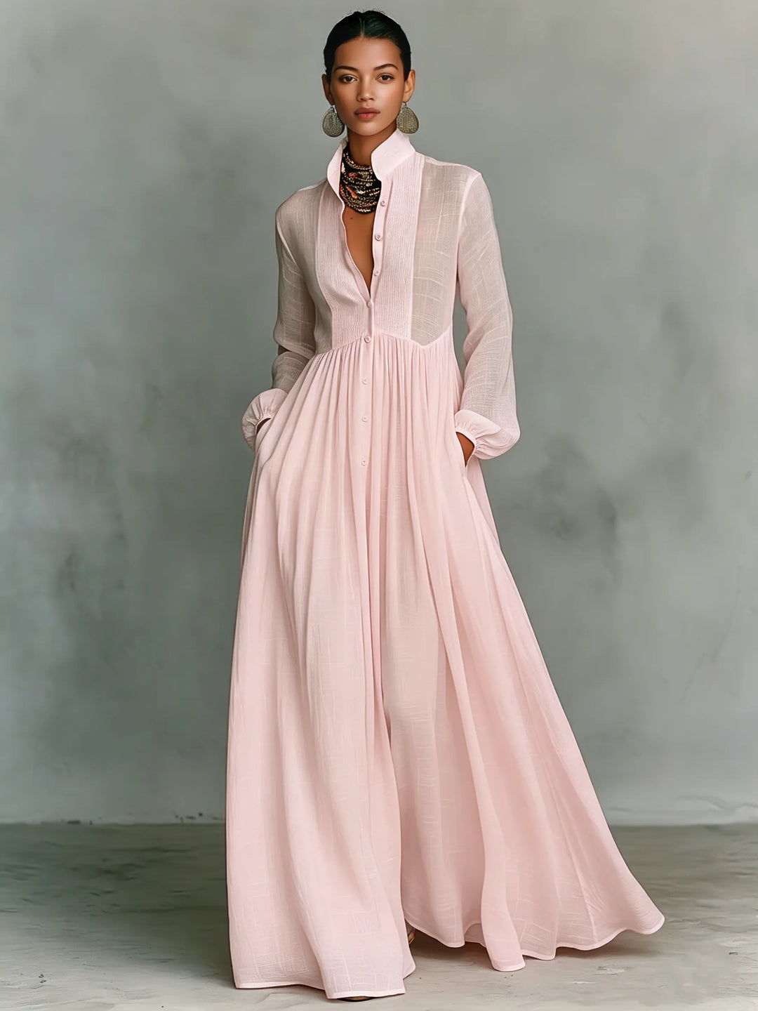 Women's Elegant Flowy Maxi Wedding Guest Dress with High Neck