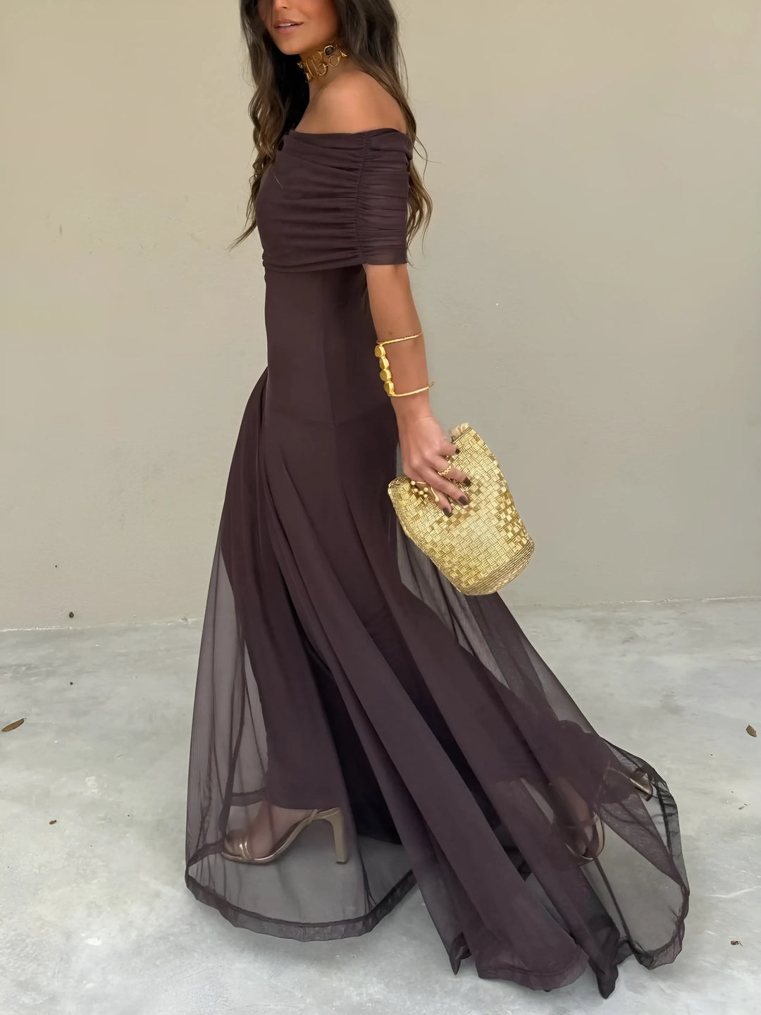 Women's Elegant Flowy Maxi Wedding Guest Dress with Off Shoulder