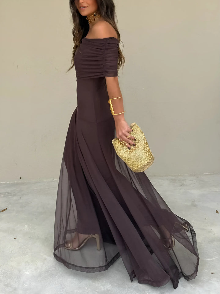 Women's Elegant Flowy Maxi Wedding Guest Dress with Off Shoulder