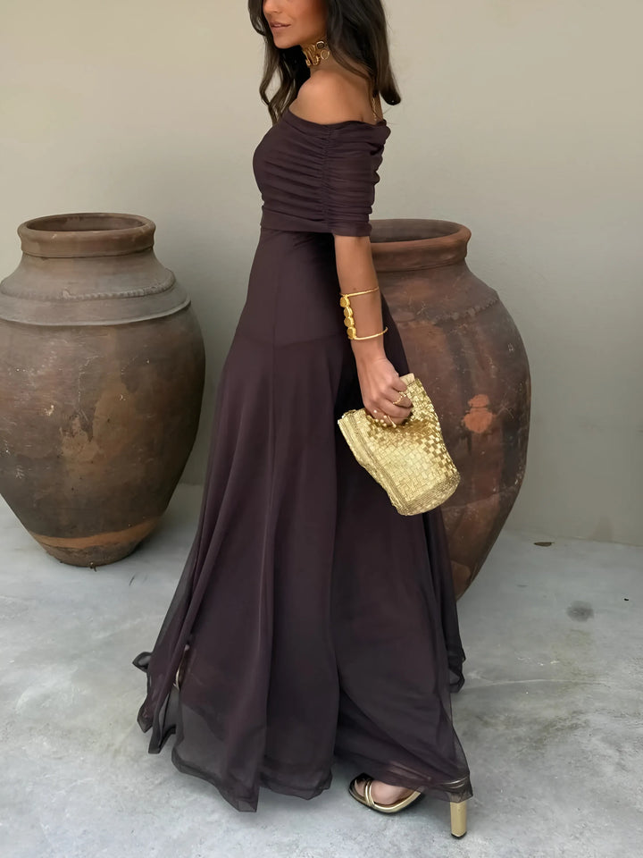 Women's Elegant Flowy Maxi Wedding Guest Dress with Off Shoulder