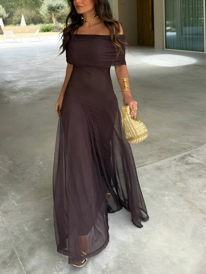 Women's Elegant Flowy Maxi Wedding Guest Dress with Off Shoulder