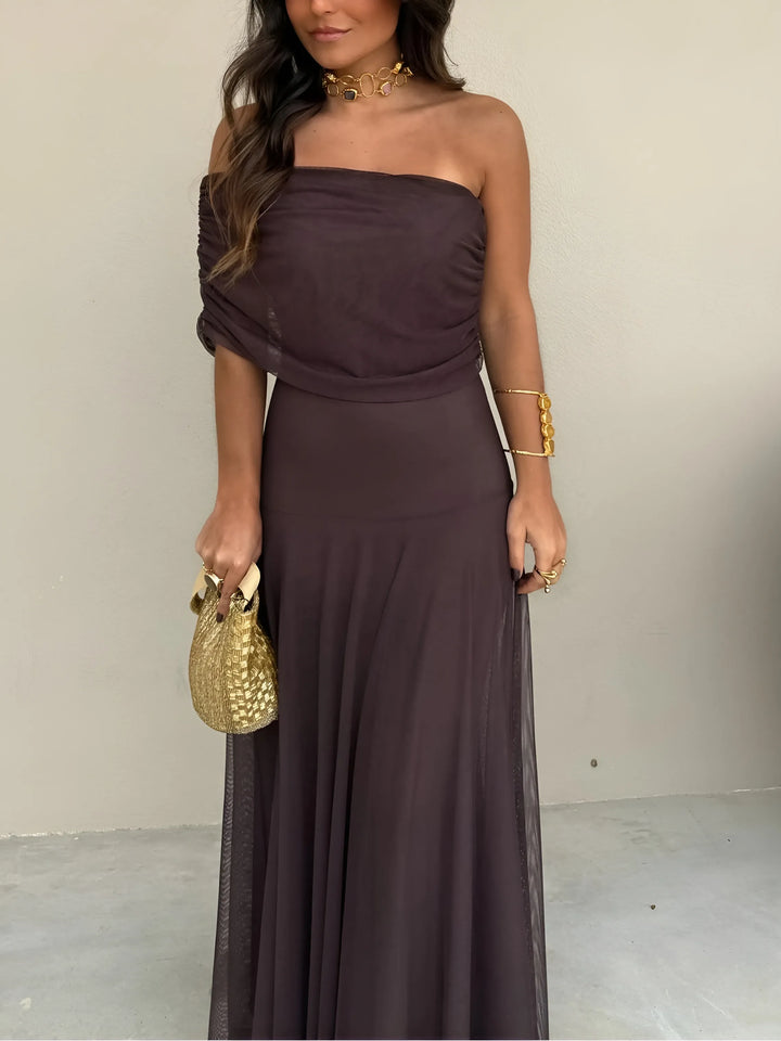Women's Elegant Flowy Maxi Wedding Guest Dress with Off Shoulder