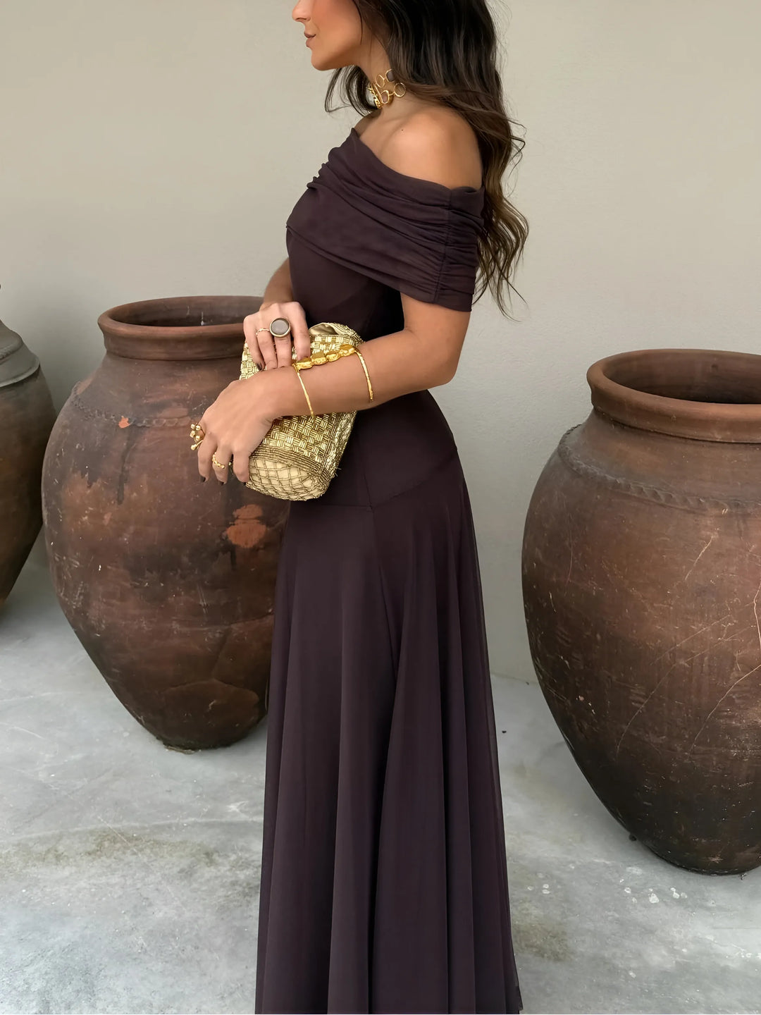 Women's Elegant Flowy Maxi Wedding Guest Dress with Off Shoulder