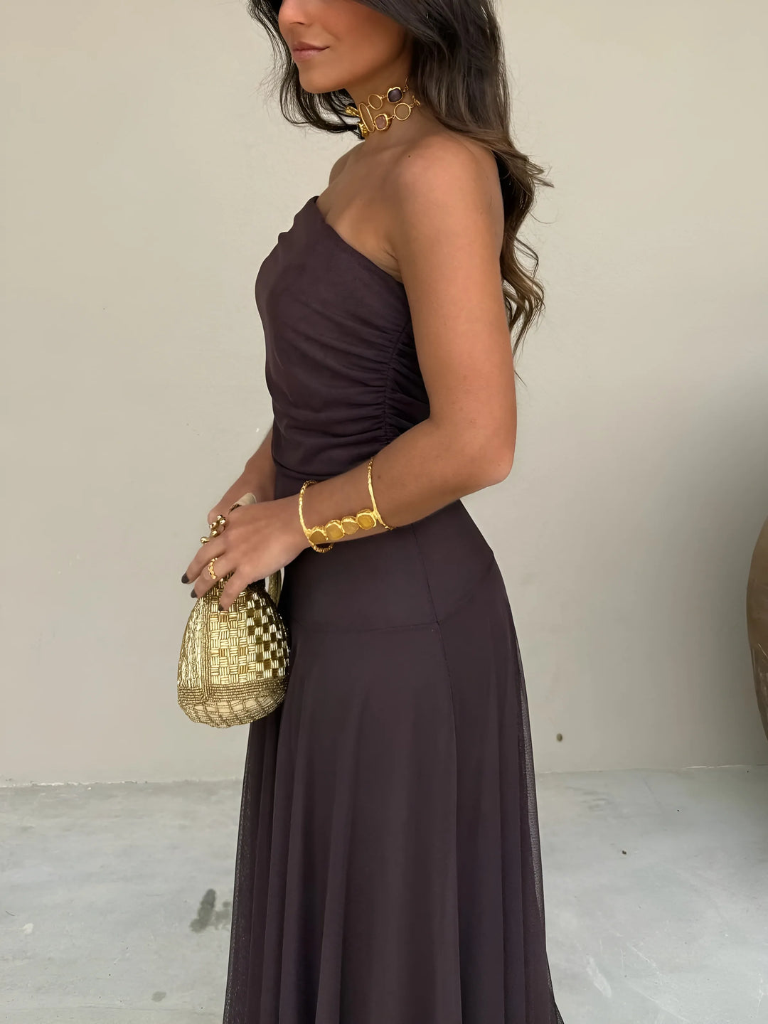 Women's Elegant Flowy Maxi Wedding Guest Dress with Off Shoulder