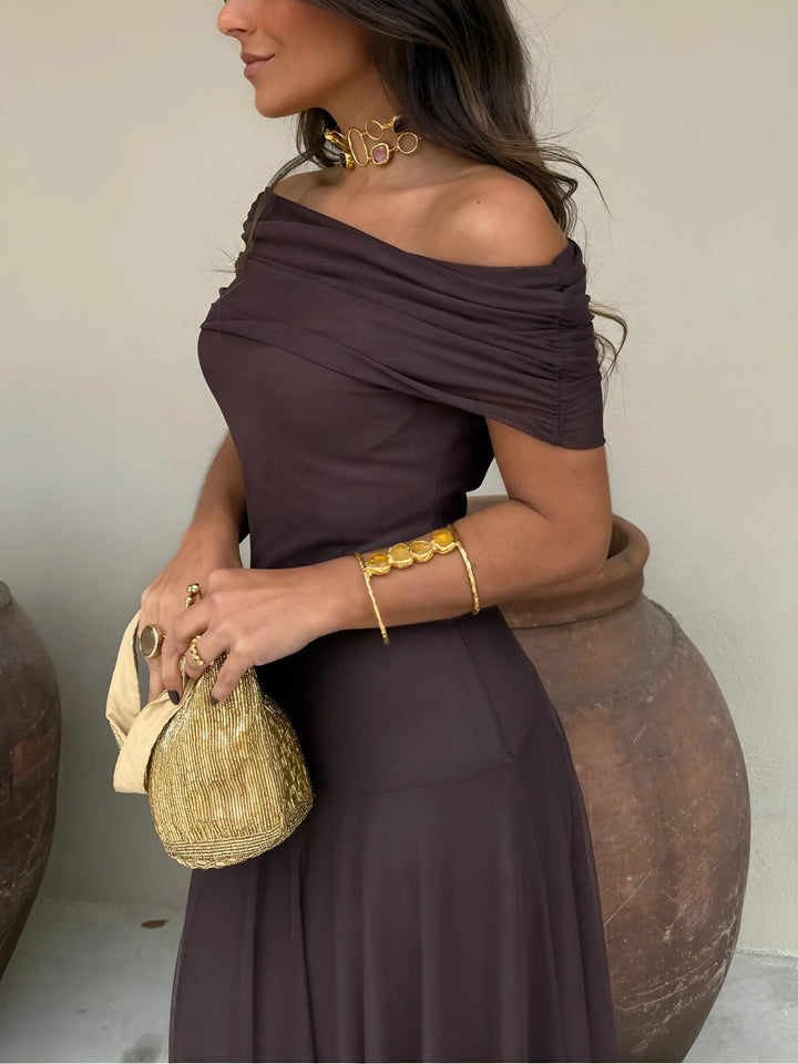 Women's Elegant Flowy Maxi Wedding Guest Dress with Off Shoulder