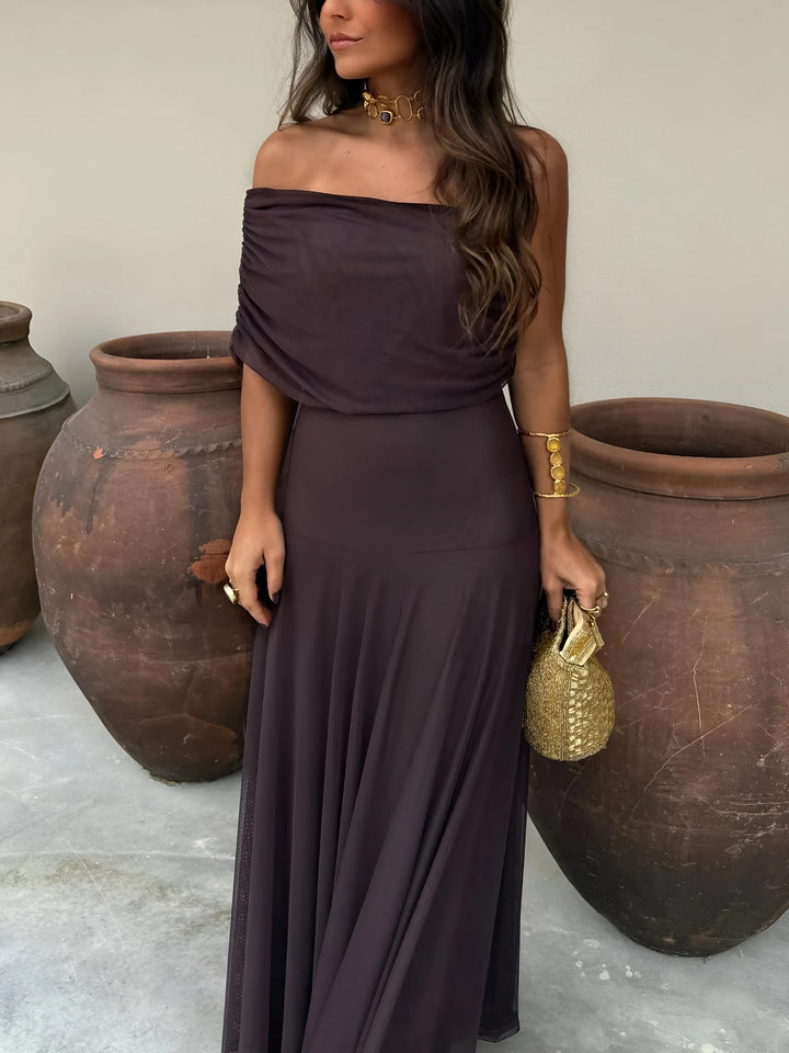 Women's Elegant Flowy Maxi Wedding Guest Dress with Off Shoulder