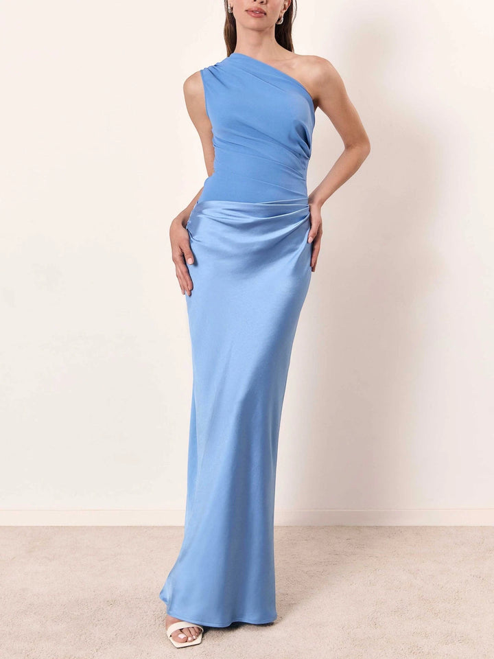 Women's Elegant Flowy Maxi Wedding Guest Dress with One Shoulder