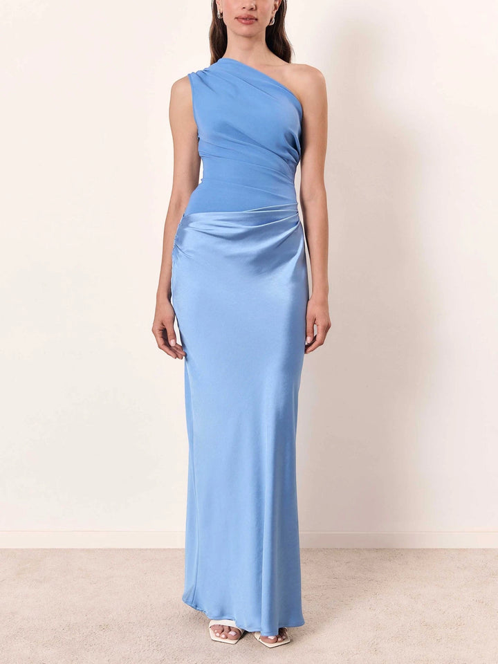 Women's Elegant Flowy Maxi Wedding Guest Dress with One Shoulder