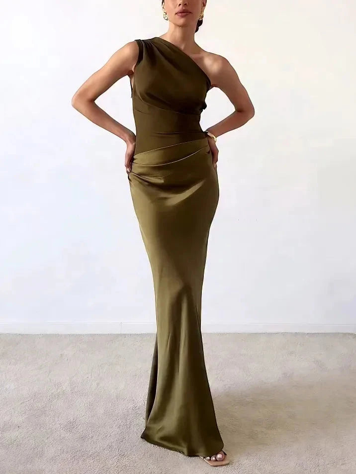 Women's Elegant Flowy Maxi Wedding Guest Dress with One Shoulder