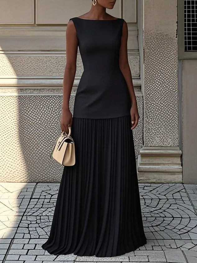Women's Elegant Flowy Maxi Wedding Guest Dress with Pleated Skirt