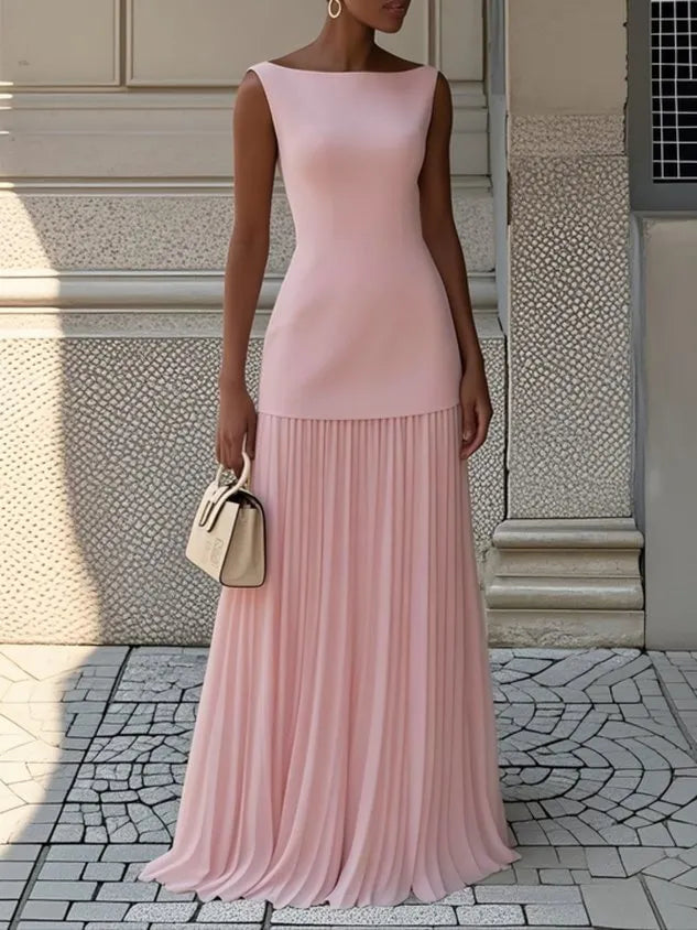 Women's Elegant Flowy Maxi Wedding Guest Dress with Pleated Skirt
