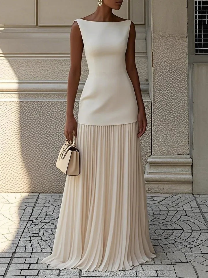 Women's Elegant Flowy Maxi Wedding Guest Dress with Pleated Skirt