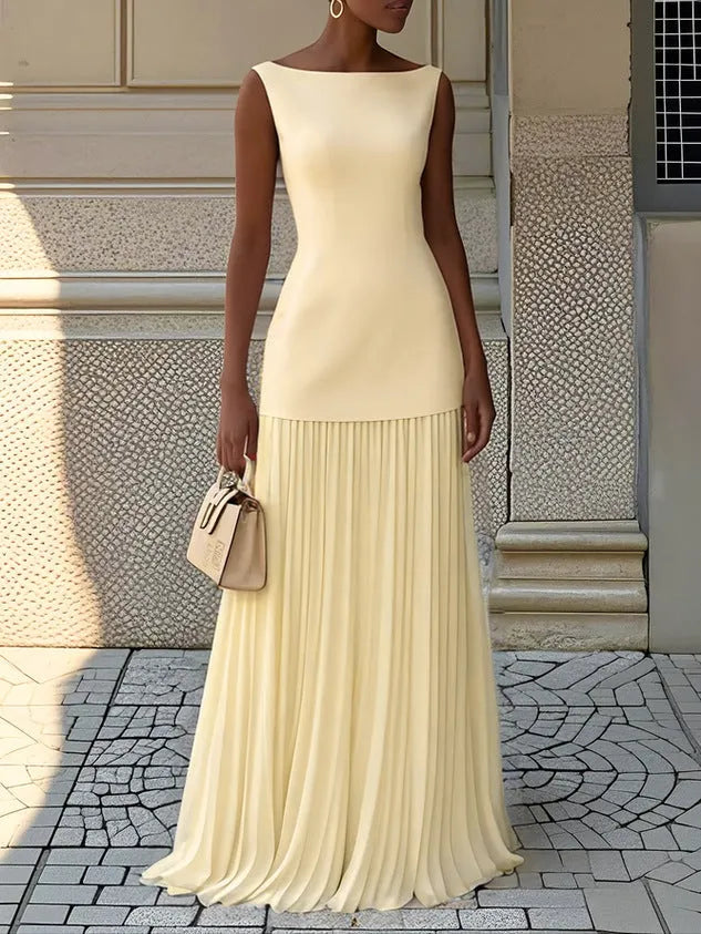Women's Elegant Flowy Maxi Wedding Guest Dress with Pleated Skirt