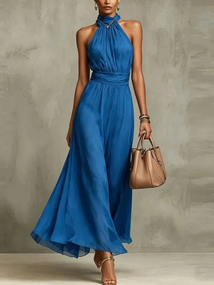 Women's Elegant Flowy Maxi Wedding Guest Dress with Ruched Detail