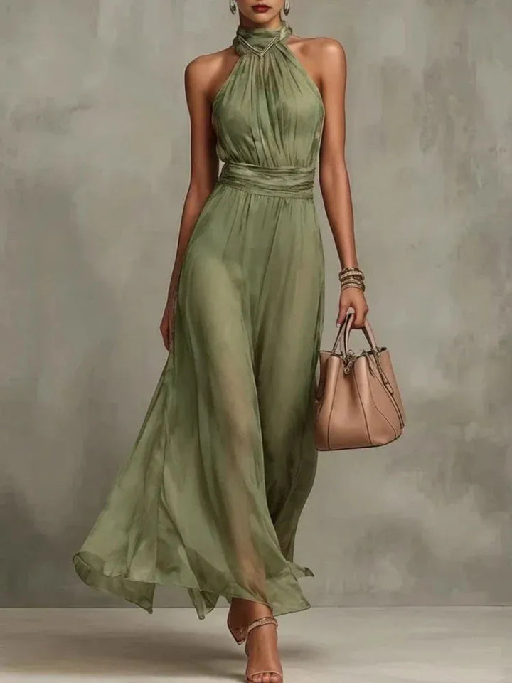 Women's Elegant Flowy Maxi Wedding Guest Dress with Ruched Detail