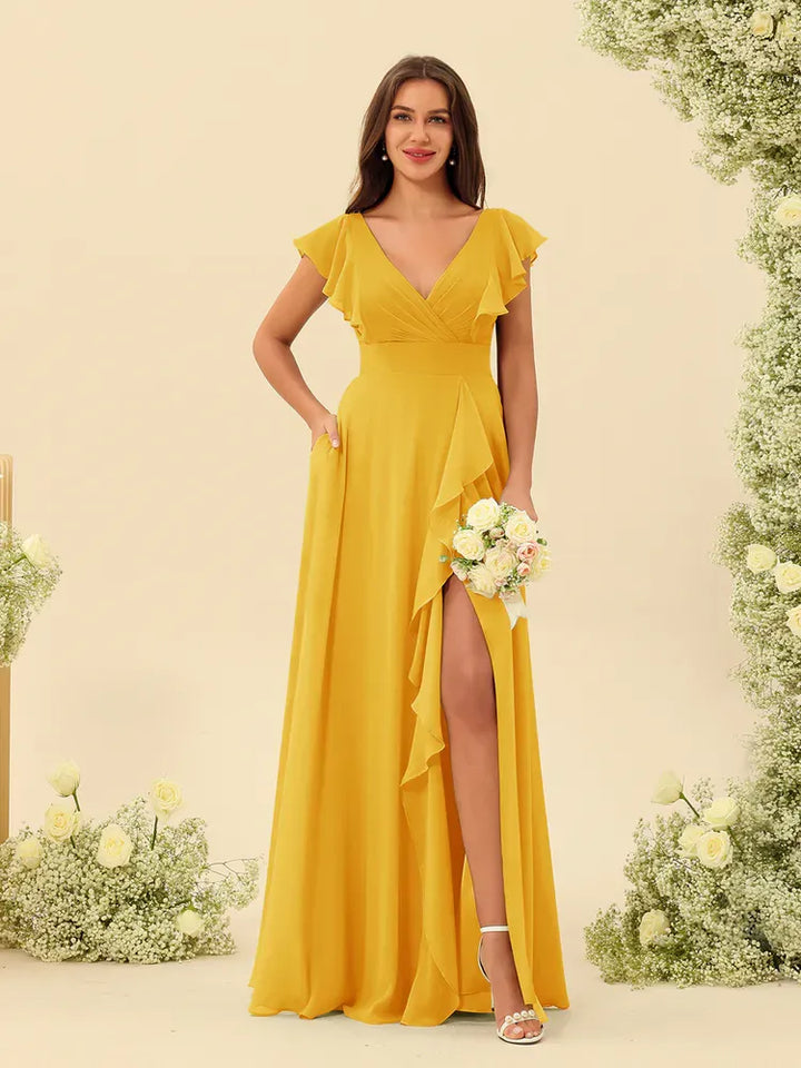 Women's Elegant Flowy Maxi Wedding Guest Dress with Ruffle