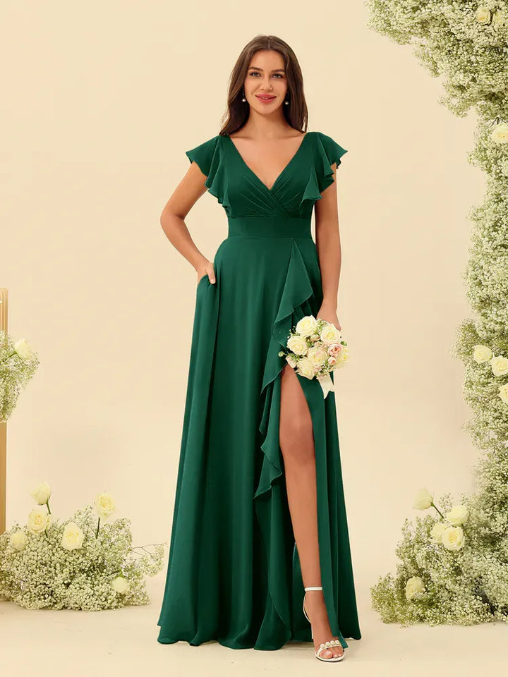 Women's Elegant Flowy Maxi Wedding Guest Dress with Ruffle