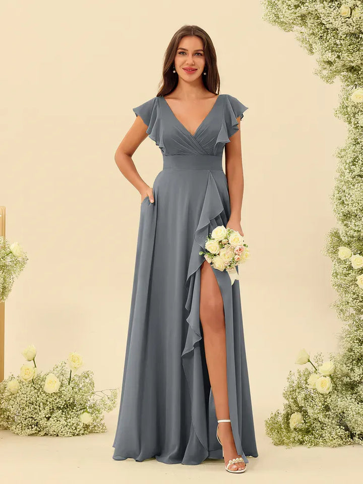 Women's Elegant Flowy Maxi Wedding Guest Dress with Ruffle