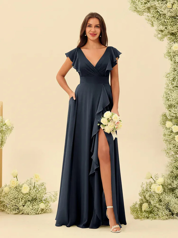 Women's Elegant Flowy Maxi Wedding Guest Dress with Ruffle