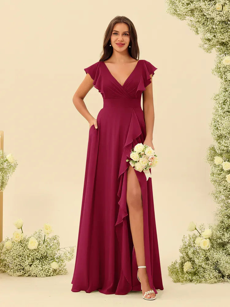 Women's Elegant Flowy Maxi Wedding Guest Dress with Ruffle