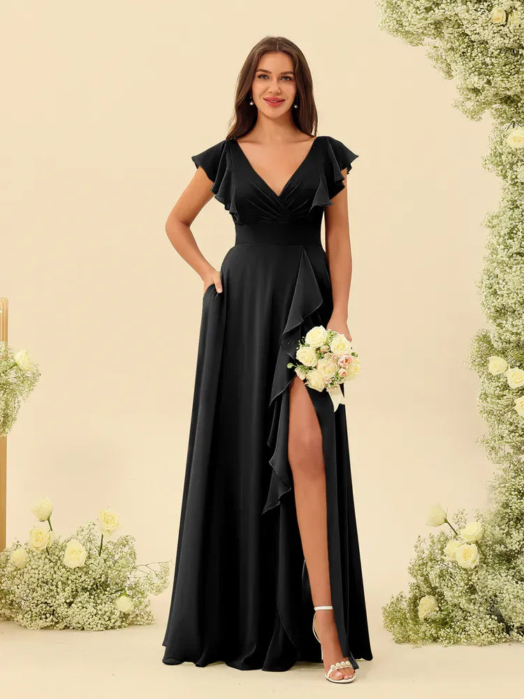 Women's Elegant Flowy Maxi Wedding Guest Dress with Ruffle