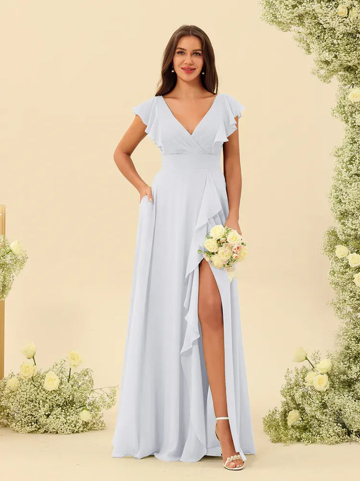 Women's Elegant Flowy Maxi Wedding Guest Dress with Ruffle