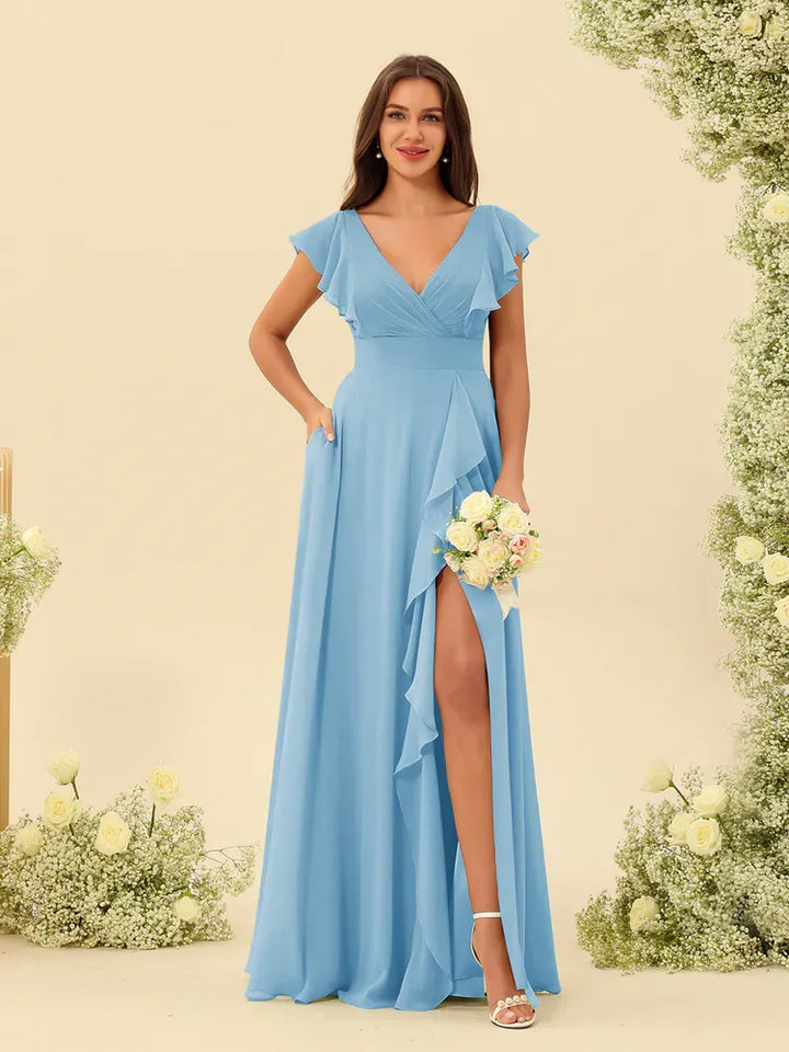 Women's Elegant Flowy Maxi Wedding Guest Dress with Ruffle