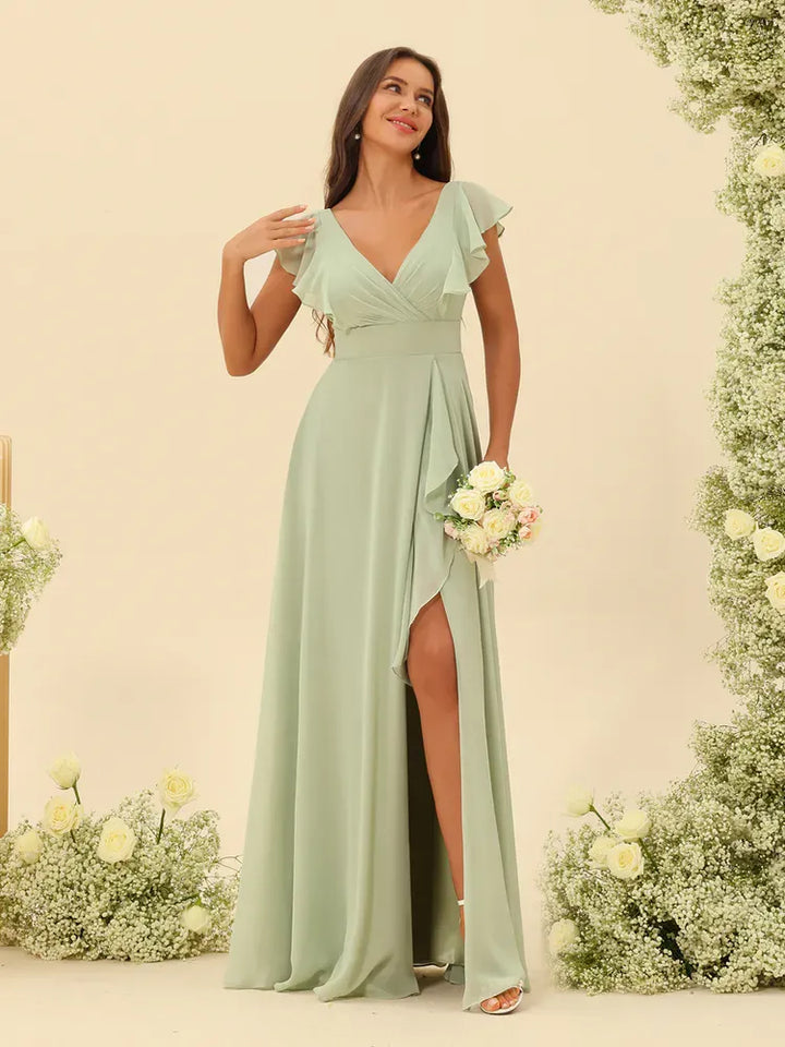 Women's Elegant Flowy Maxi Wedding Guest Dress with Ruffle
