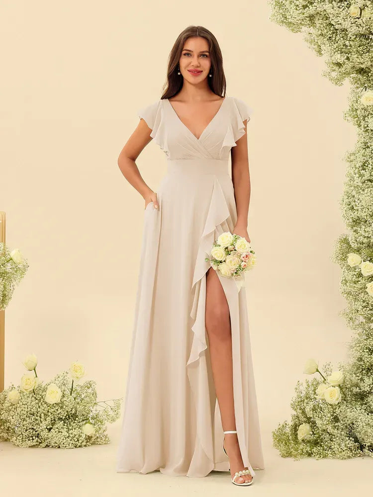 Women's Elegant Flowy Maxi Wedding Guest Dress with Ruffle