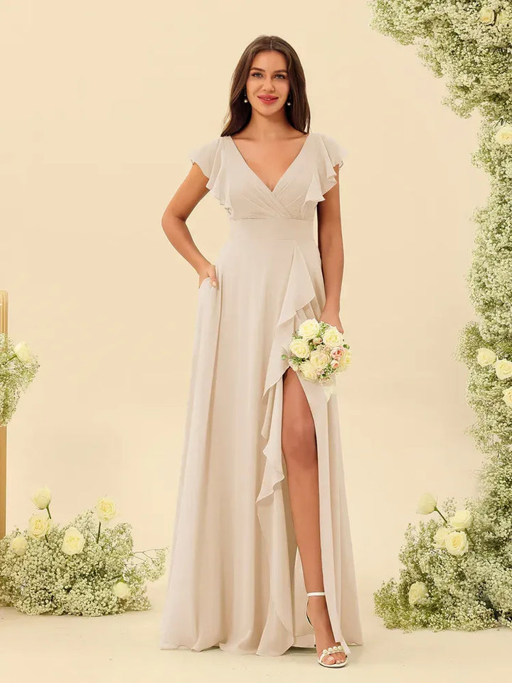 Women's Elegant Flowy Maxi Wedding Guest Dress with Ruffle