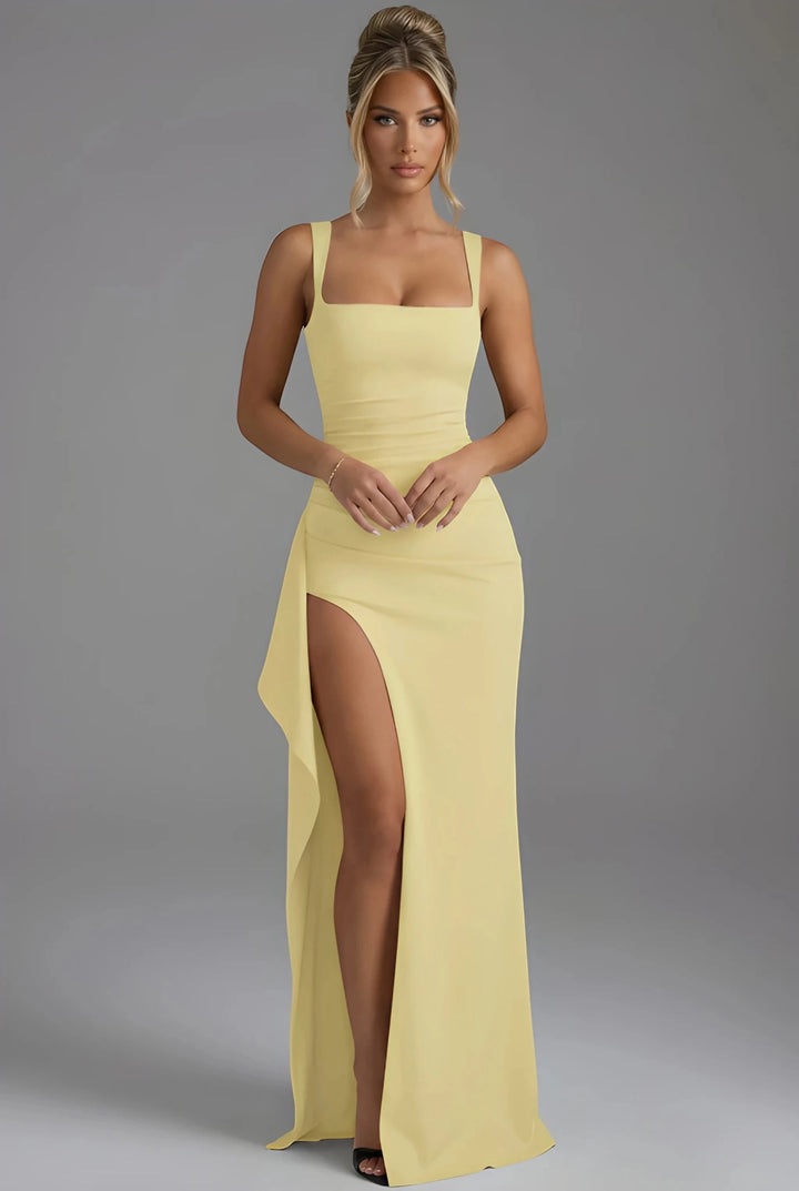 Women's Elegant Flowy Maxi Wedding Guest Dress with Slit