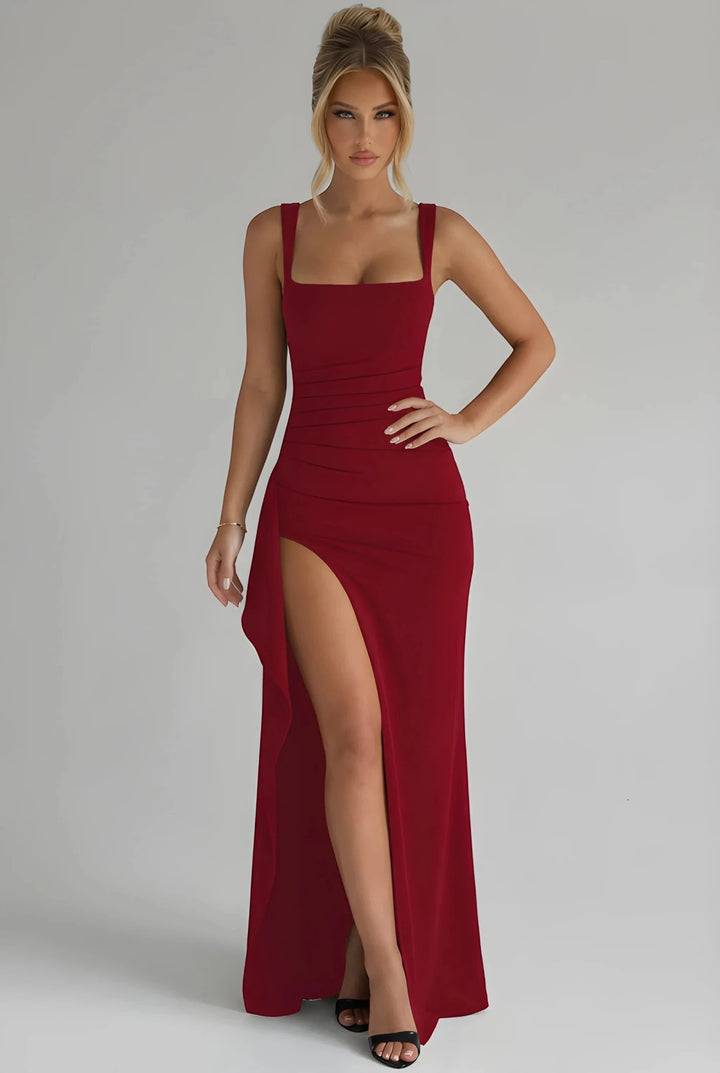 Women's Elegant Flowy Maxi Wedding Guest Dress with Slit