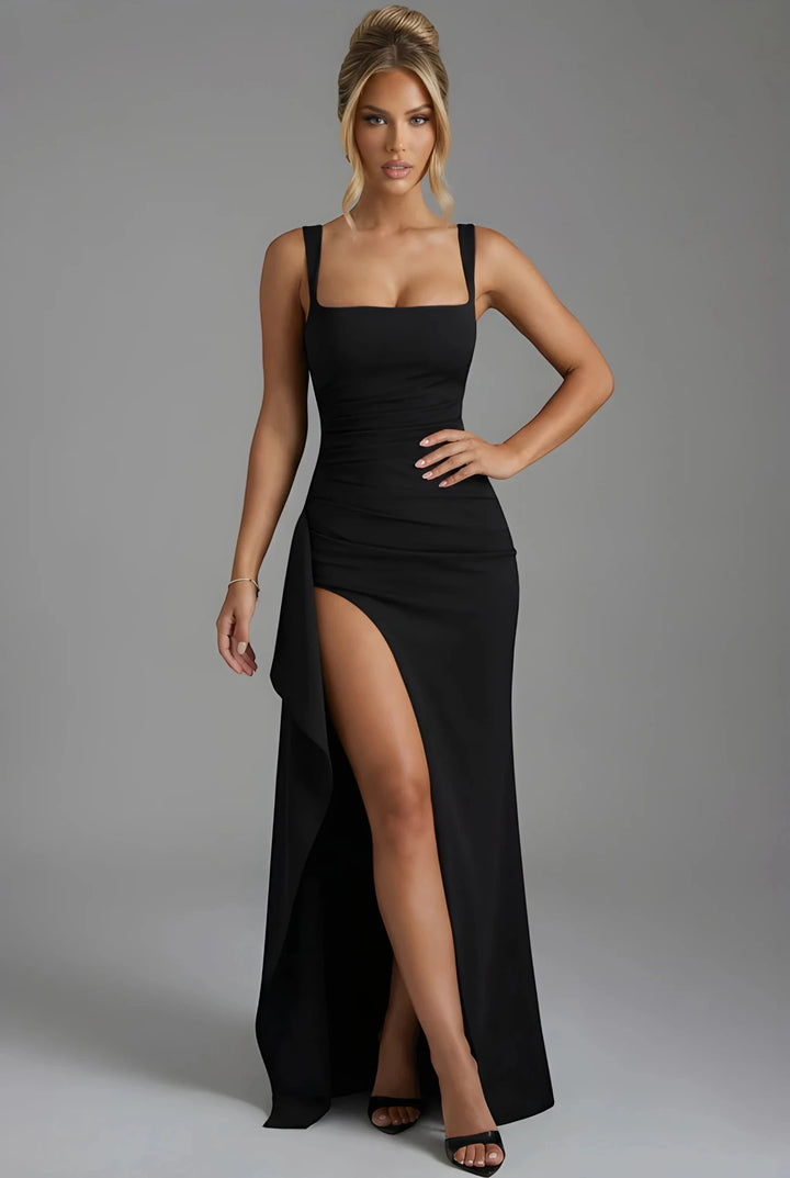 Women's Elegant Flowy Maxi Wedding Guest Dress with Slit