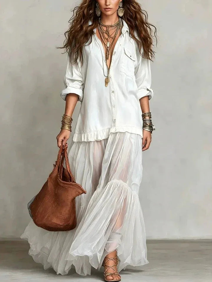 Women's Elegant Flowy Maxi Wedding Guest Dress with V-Neck and Tulle Skirt