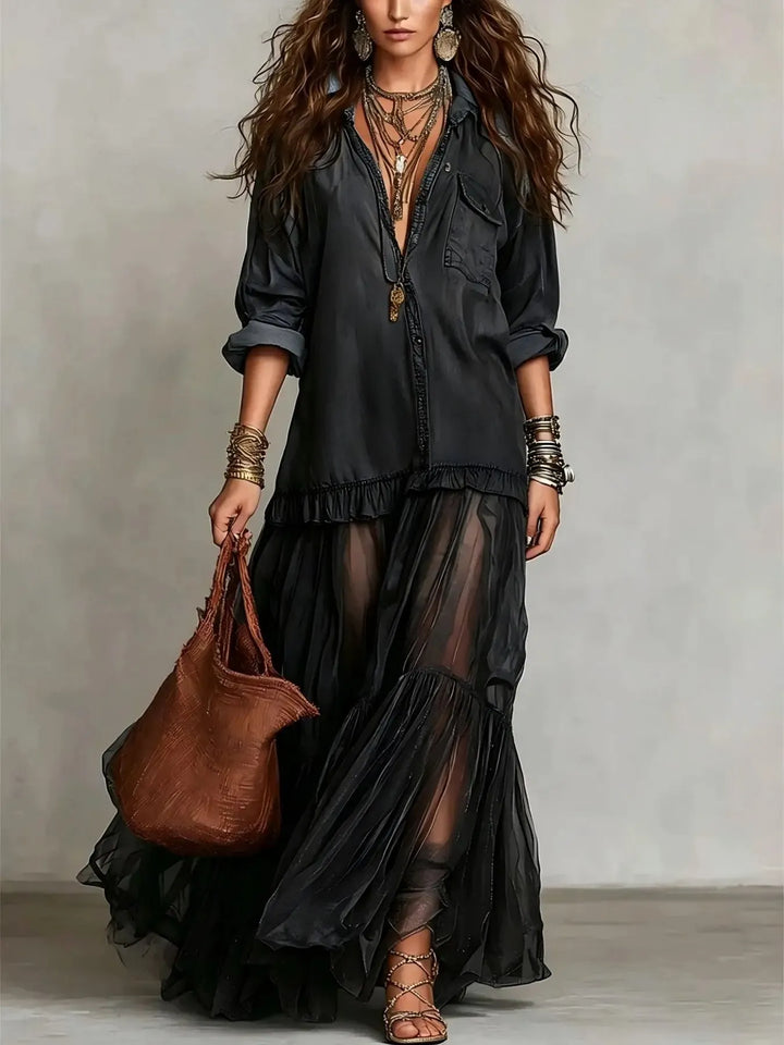 Women's Elegant Flowy Maxi Wedding Guest Dress with V-Neck and Tulle Skirt