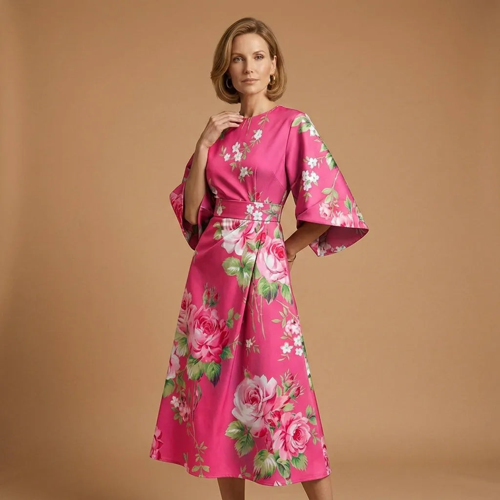 Women's Elegant Flowy Midi Wedding Guest Dresses with Flutter Sleeve