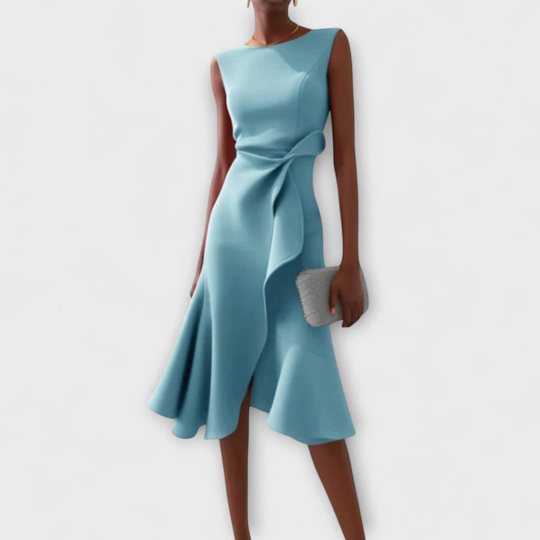 Women's Elegant Flowy Midi Wedding Guest Dress with Boat Neck